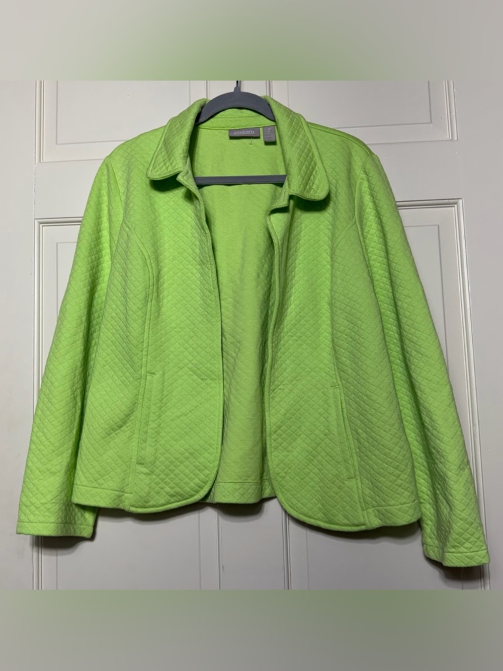 Chico’s Quilted Lime Green Open Front Jacket Blazer